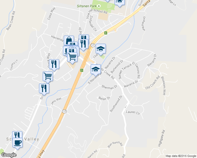map of restaurants, bars, coffee shops, grocery stores, and more near 18 Sherman Court in Scotts Valley