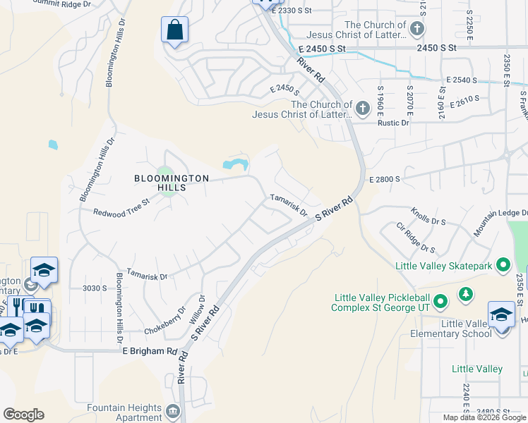 map of restaurants, bars, coffee shops, grocery stores, and more near 3016 South Sweetgum Circle in St. George