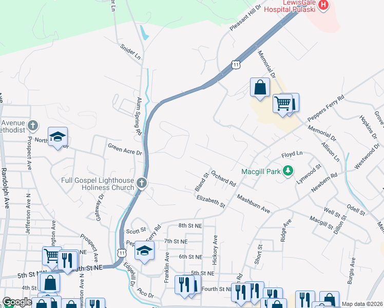 map of restaurants, bars, coffee shops, grocery stores, and more near 612 Mathews Court in Pulaski