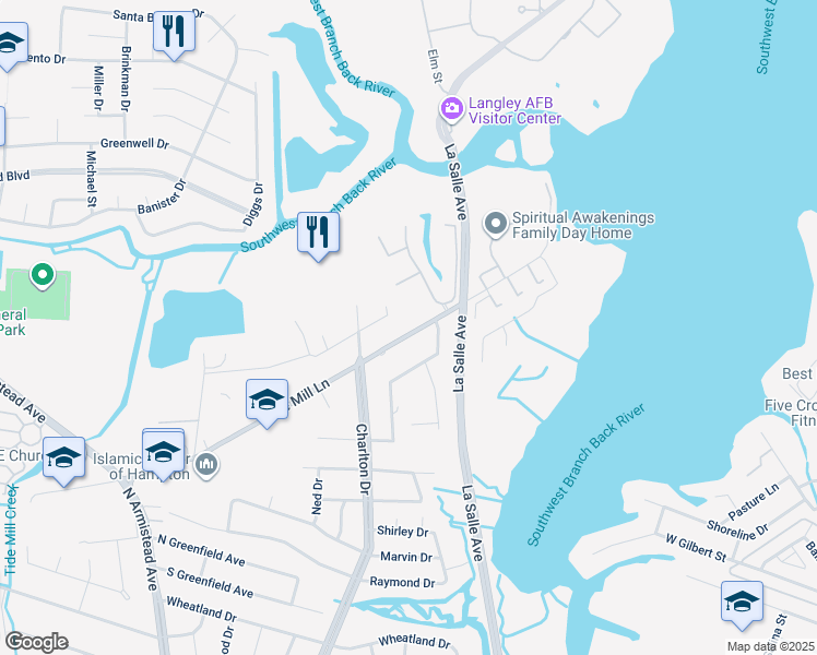 map of restaurants, bars, coffee shops, grocery stores, and more near 85 Tide Mill Lane in Hampton