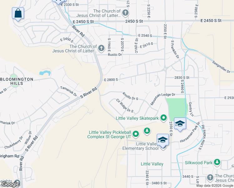 map of restaurants, bars, coffee shops, grocery stores, and more near 2012 Knolls Drive South in St. George