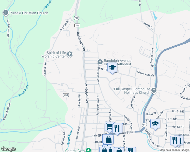 map of restaurants, bars, coffee shops, grocery stores, and more near 114 Twelveth Street Northwest in Pulaski