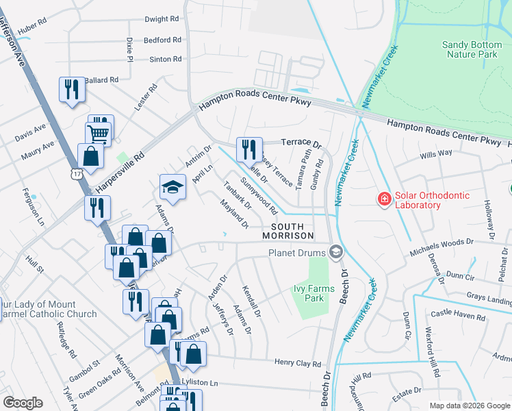 map of restaurants, bars, coffee shops, grocery stores, and more near 733 Sunnywood Road in Newport News