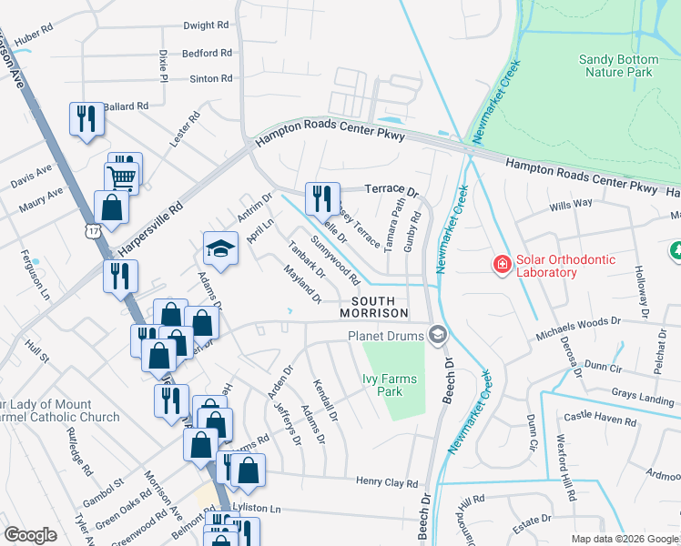 map of restaurants, bars, coffee shops, grocery stores, and more near 733 Sunnywood Rd in Newport News