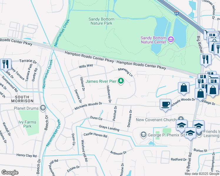 map of restaurants, bars, coffee shops, grocery stores, and more near 18 Holloway Drive in Hampton