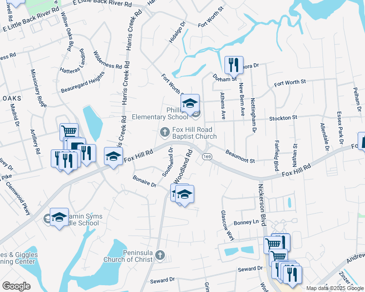 map of restaurants, bars, coffee shops, grocery stores, and more near 350 Fox Hill Road in Hampton