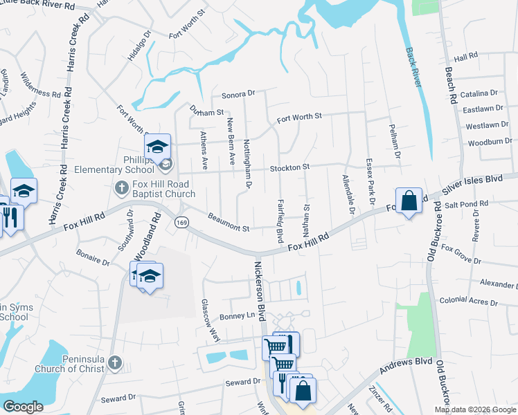 map of restaurants, bars, coffee shops, grocery stores, and more near 624 Kings View Court in Hampton