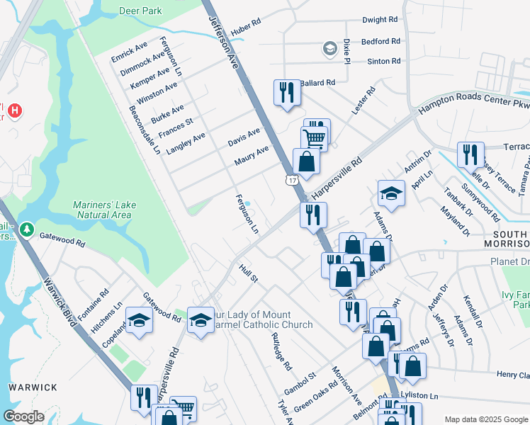 map of restaurants, bars, coffee shops, grocery stores, and more near 400 Lennon Drive in Newport News