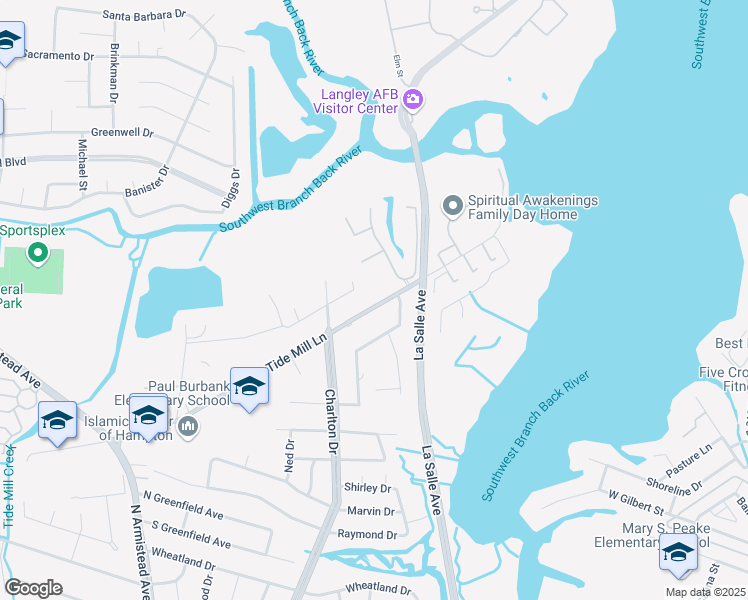 map of restaurants, bars, coffee shops, grocery stores, and more near 85 Tide Mill Lane in Hampton