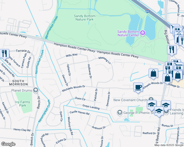 map of restaurants, bars, coffee shops, grocery stores, and more near 18 Holloway Drive in Hampton
