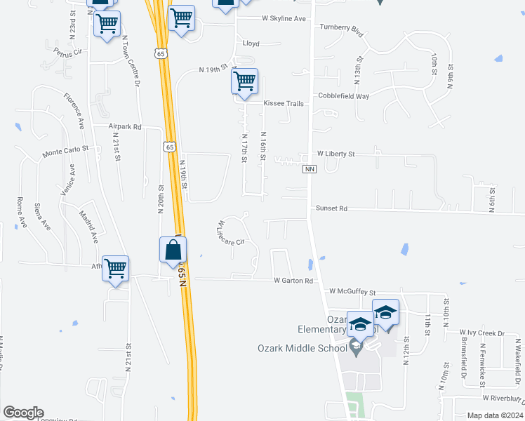 map of restaurants, bars, coffee shops, grocery stores, and more near 1504-1506 Frosty Drive in Ozark