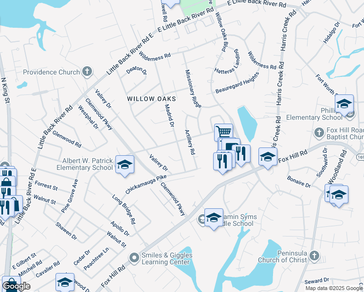 map of restaurants, bars, coffee shops, grocery stores, and more near 203 Madrid Drive in Hampton