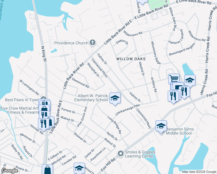 map of restaurants, bars, coffee shops, grocery stores, and more near 100 Agnes Court in Hampton