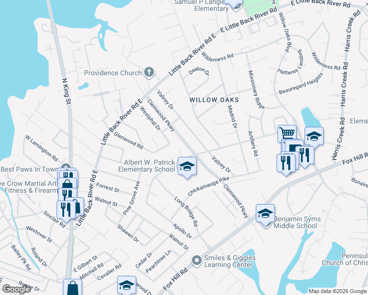 map of restaurants, bars, coffee shops, grocery stores, and more near 100 Agnes Court in Hampton
