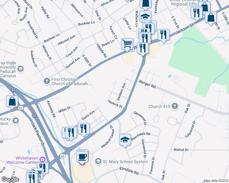 map of restaurants, bars, coffee shops, grocery stores, and more near 310 Oak Street in Paducah