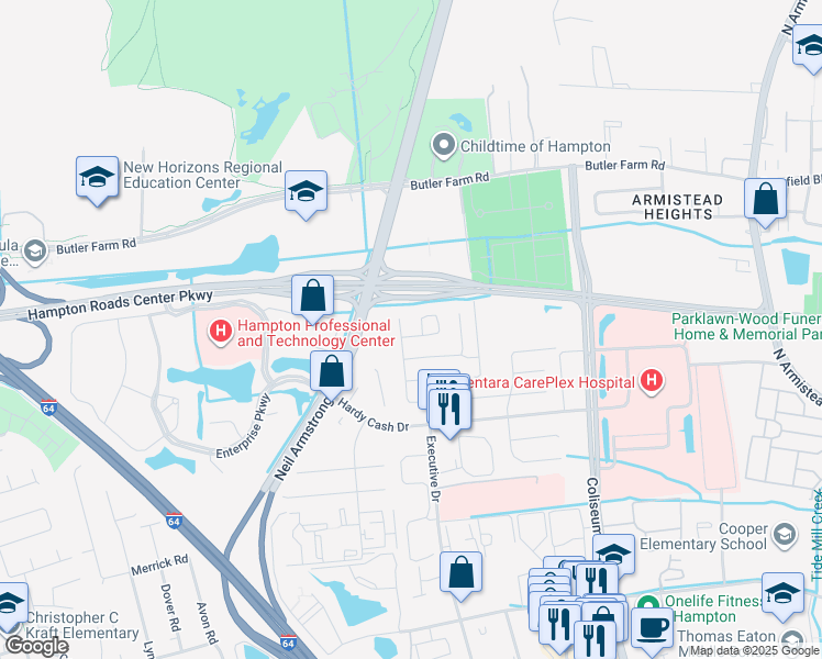map of restaurants, bars, coffee shops, grocery stores, and more near 1426 Kopek Court in Hampton