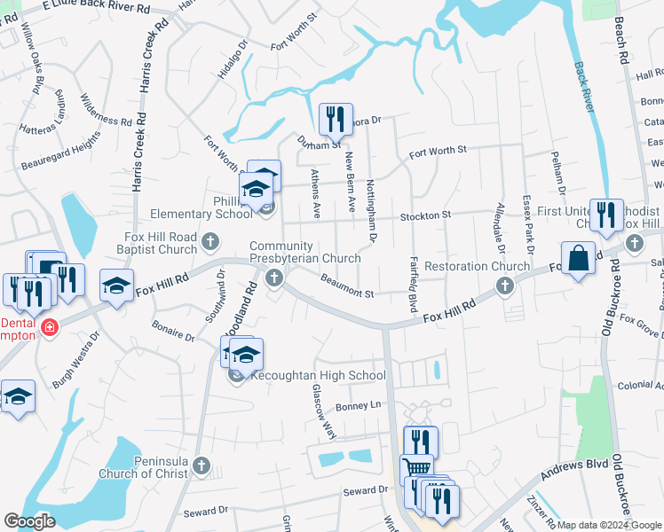 map of restaurants, bars, coffee shops, grocery stores, and more near 611 Houston Avenue in Hampton