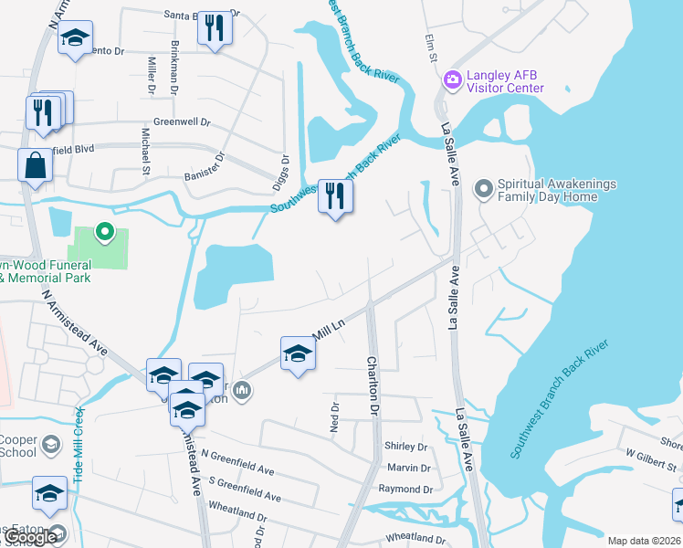 map of restaurants, bars, coffee shops, grocery stores, and more near 804 Loura Court in Hampton