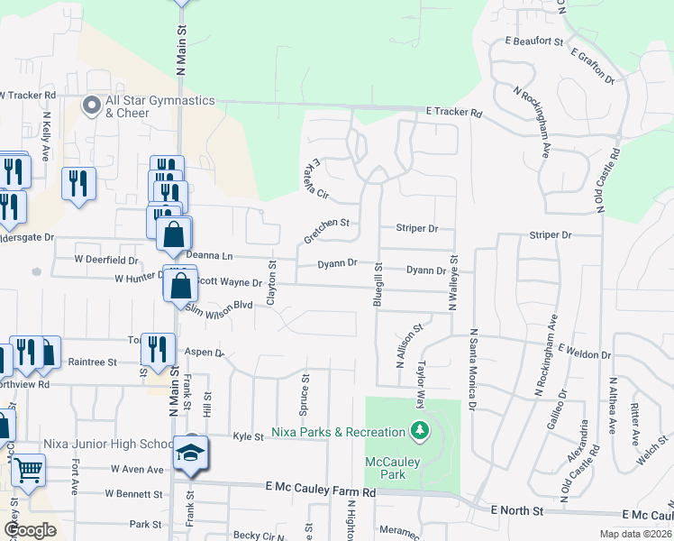 map of restaurants, bars, coffee shops, grocery stores, and more near 602 Dyann Drive in Nixa
