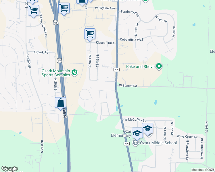 map of restaurants, bars, coffee shops, grocery stores, and more near 1408-1414 Frosty Drive in Ozark
