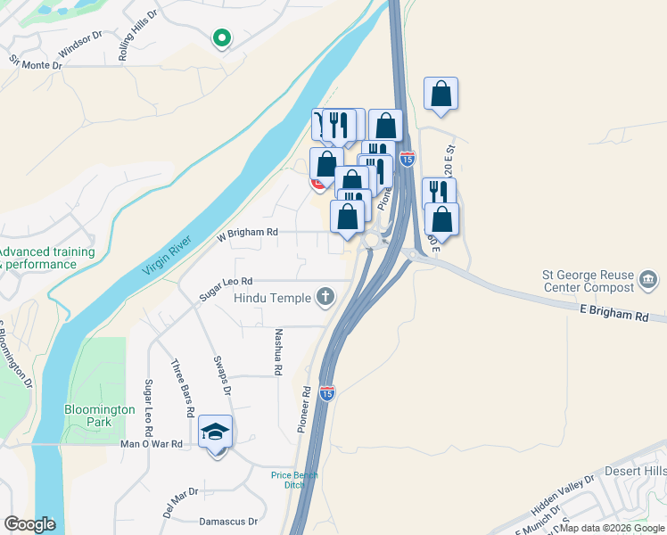 map of restaurants, bars, coffee shops, grocery stores, and more near 146 Sugar Leo Rd in St George