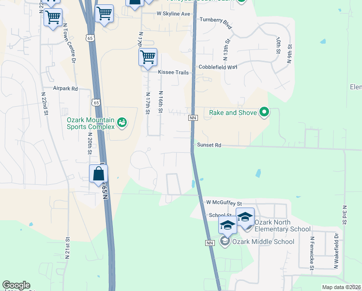 map of restaurants, bars, coffee shops, grocery stores, and more near 1408-1414 Frosty Drive in Ozark