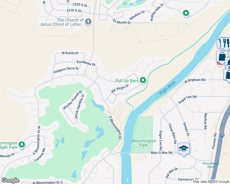 map of restaurants, bars, coffee shops, grocery stores, and more near 202 Rio Virgin Drive in St. George