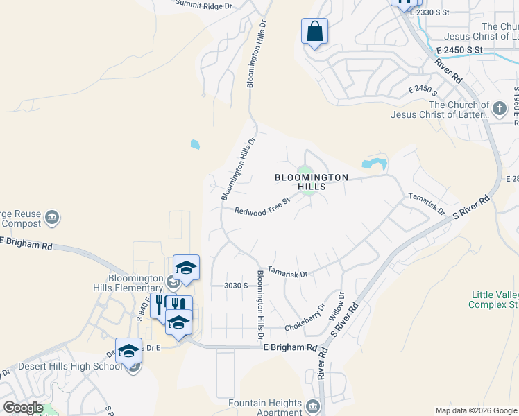 map of restaurants, bars, coffee shops, grocery stores, and more near 1175 Redwood Tree Street in St. George