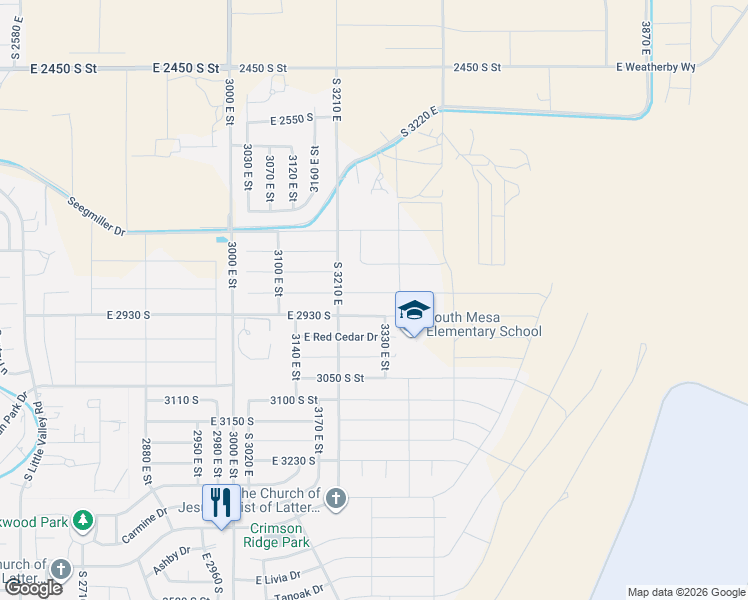 map of restaurants, bars, coffee shops, grocery stores, and more near 3278 East 2890 South in Washington