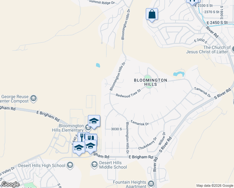 map of restaurants, bars, coffee shops, grocery stores, and more near 1135 Redwood Tree Street in St. George