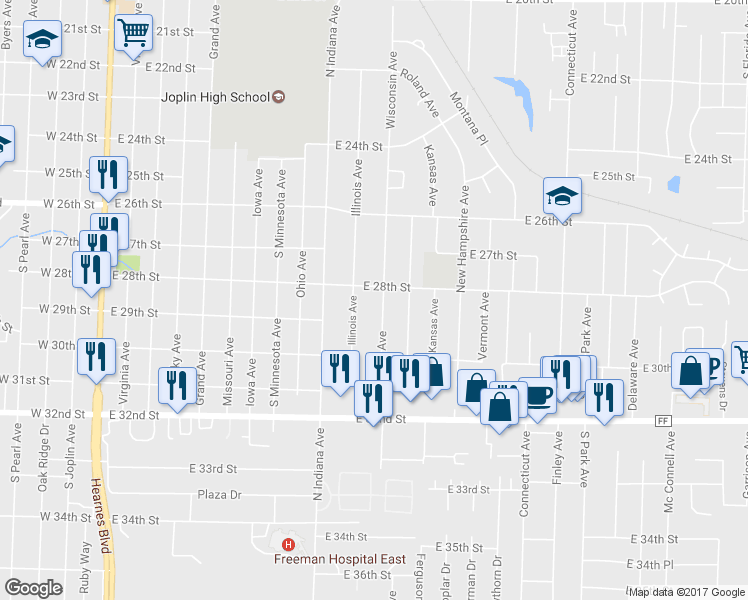 map of restaurants, bars, coffee shops, grocery stores, and more near 2806 Wisconsin Avenue in Joplin