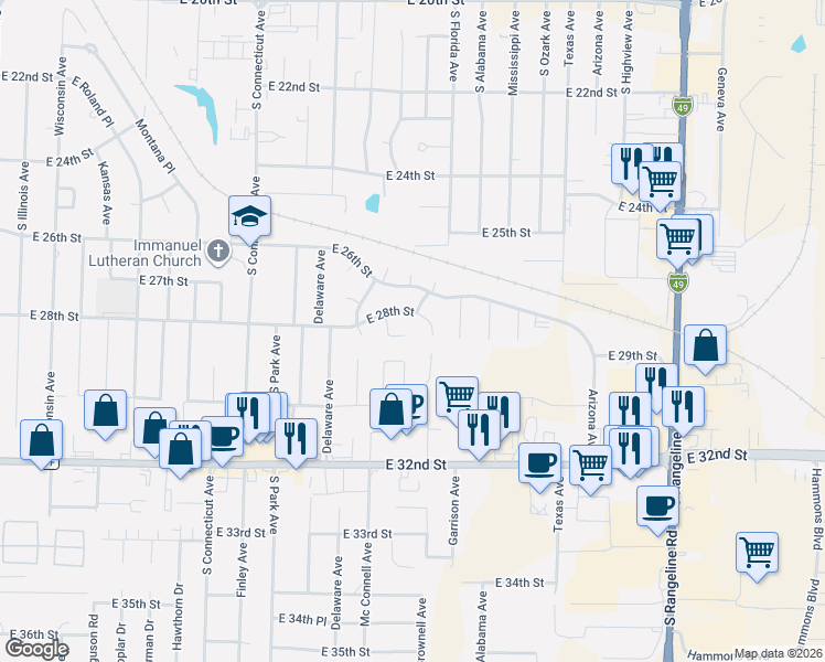 map of restaurants, bars, coffee shops, grocery stores, and more near 2520 E 28th St in Joplin