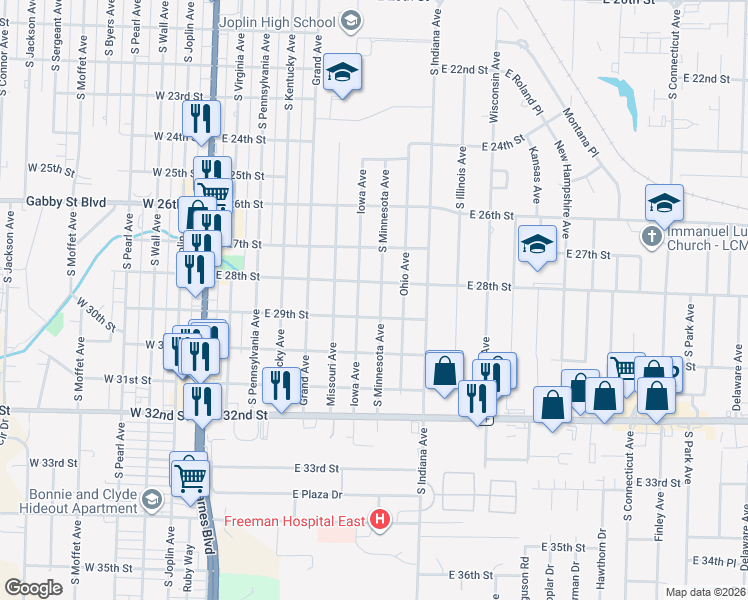 map of restaurants, bars, coffee shops, grocery stores, and more near 2816 South Minnesota Avenue in Joplin