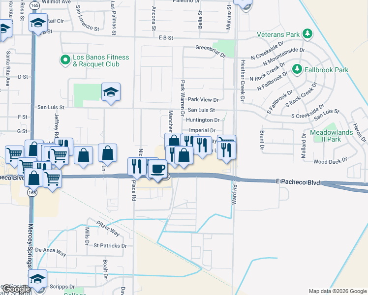 map of restaurants, bars, coffee shops, grocery stores, and more near 2122 Canal Farm Lane in Los Banos