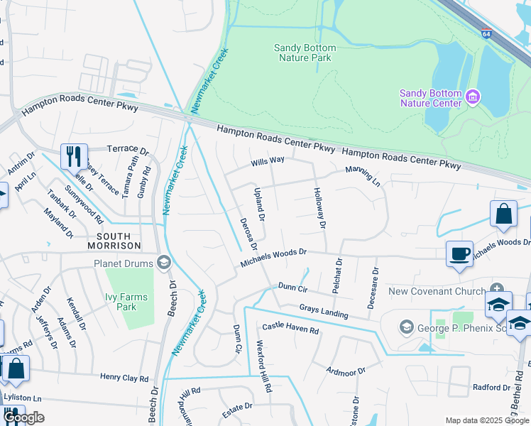 map of restaurants, bars, coffee shops, grocery stores, and more near 218 Upland Drive in Hampton
