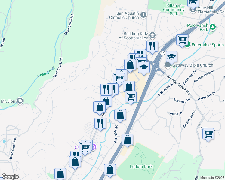 map of restaurants, bars, coffee shops, grocery stores, and more near 5401 Scotts Valley Drive in Scotts Valley
