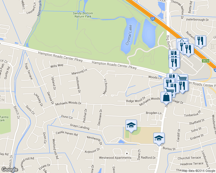 map of restaurants, bars, coffee shops, grocery stores, and more near 346 Manning Lane in Hampton
