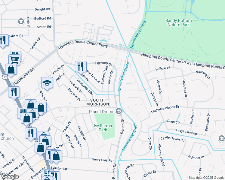 map of restaurants, bars, coffee shops, grocery stores, and more near 725 Gunby Road in Newport News