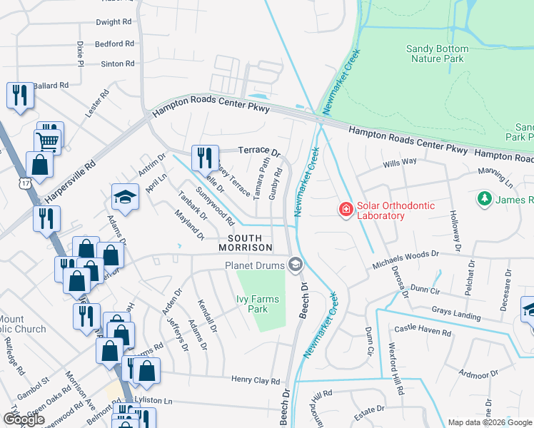 map of restaurants, bars, coffee shops, grocery stores, and more near 725 Gunby Road in Newport News