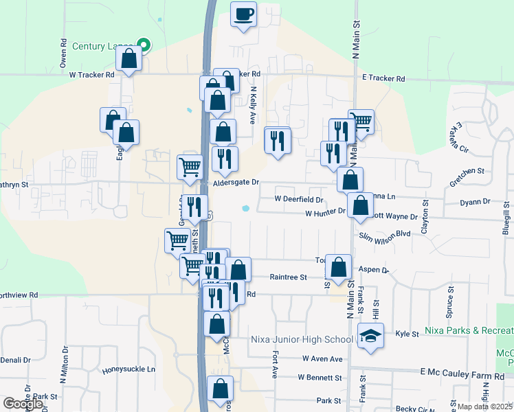 map of restaurants, bars, coffee shops, grocery stores, and more near 309 West Hunter Drive in Nixa