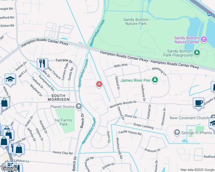 map of restaurants, bars, coffee shops, grocery stores, and more near 223 Derosa Drive in Hampton
