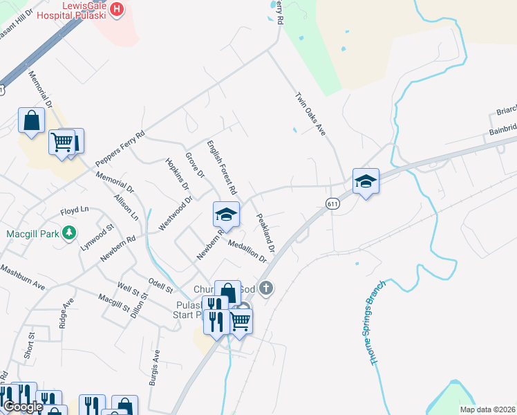 map of restaurants, bars, coffee shops, grocery stores, and more near 1724 Newbern Road in Pulaski