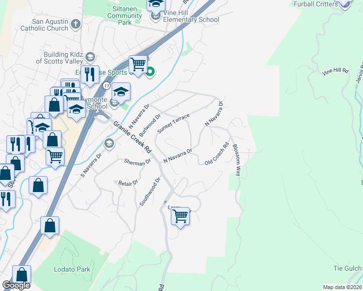 map of restaurants, bars, coffee shops, grocery stores, and more near 110 Hilltop Way in Scotts Valley