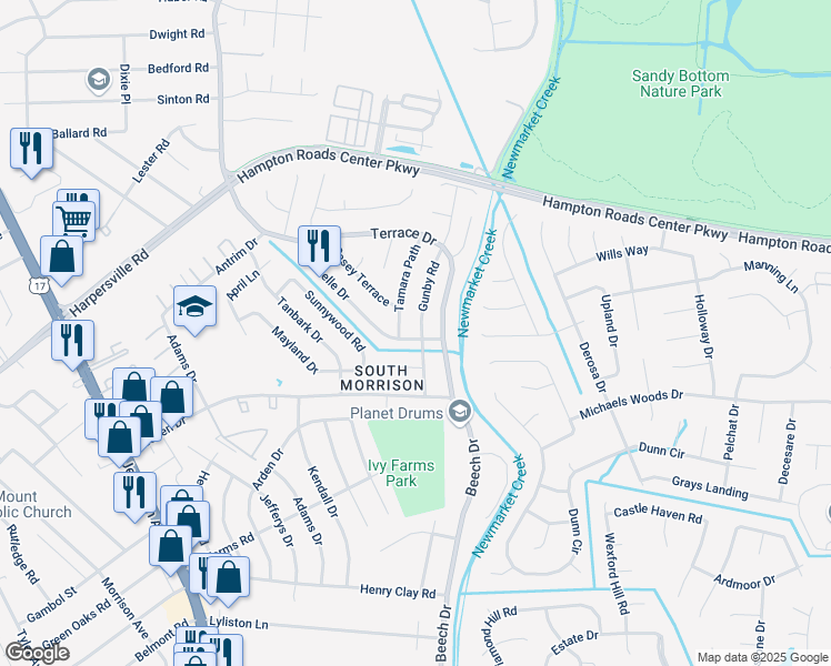 map of restaurants, bars, coffee shops, grocery stores, and more near 725 Gunby Road in Newport News