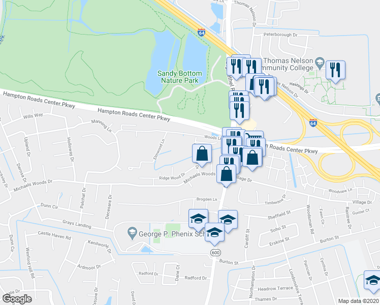 map of restaurants, bars, coffee shops, grocery stores, and more near 45 Hollis Wood Drive in Hampton