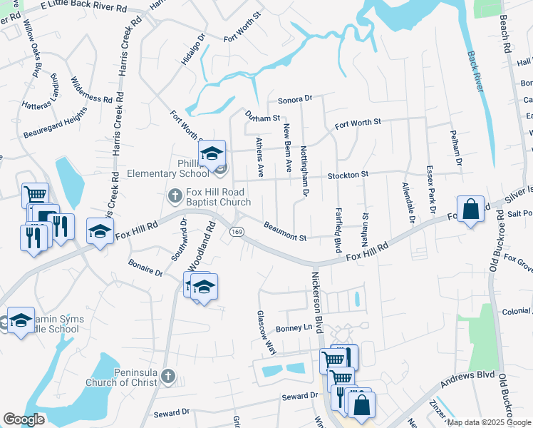 map of restaurants, bars, coffee shops, grocery stores, and more near 610 Dallas Court in Hampton