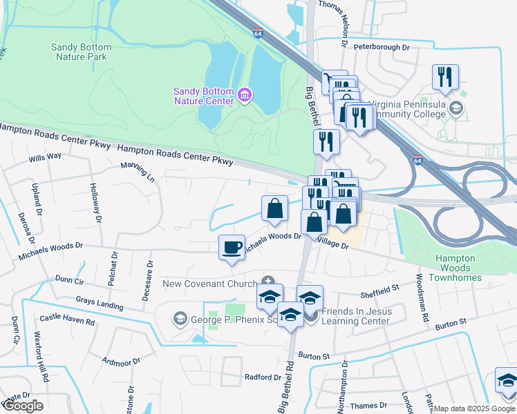 map of restaurants, bars, coffee shops, grocery stores, and more near 45 Hollis Wood Drive in Hampton