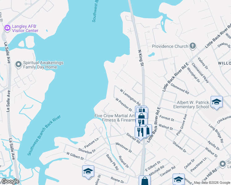 map of restaurants, bars, coffee shops, grocery stores, and more near 4 Hampshire Drive in Hampton