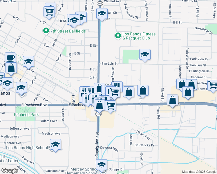 map of restaurants, bars, coffee shops, grocery stores, and more near 1359 Canal Farm Lane in Los Banos