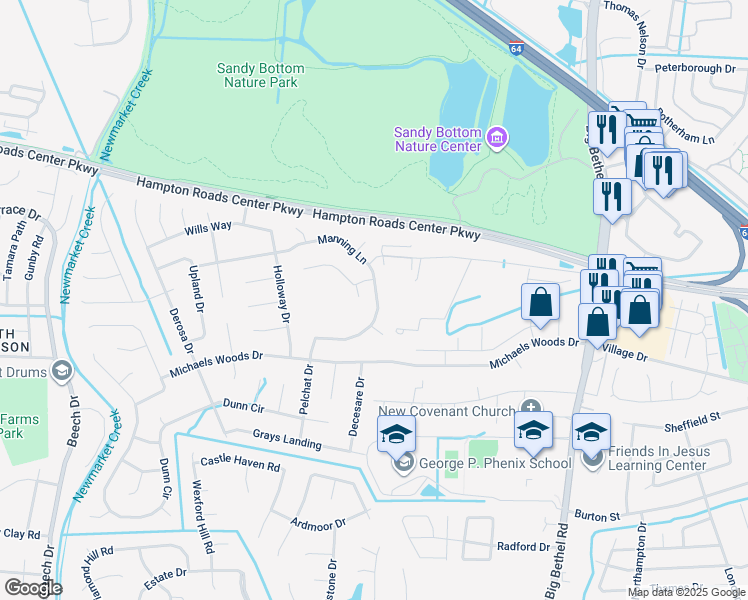 map of restaurants, bars, coffee shops, grocery stores, and more near 362 Manning Lane in Hampton